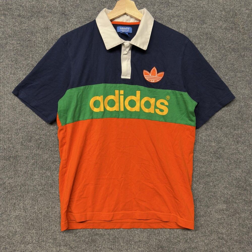 Adidas Originals Polo Shirt Mens M Navy Green Orange Colorblock Trefoil Logo